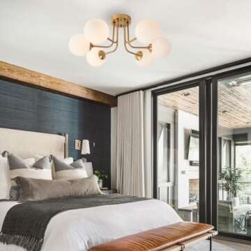 Hoengles Modern Semi Flush Mount Ceiling Light,Gold White Glass Shade Semi Ceiling Light 6-Light,Sputnik Chandeliers for Bedroom Living Room Hallway Dining Room Lighting Fixture