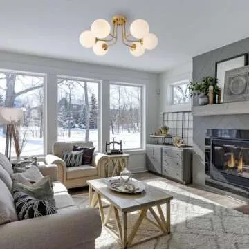 Hoengles Modern Semi Flush Mount Ceiling Light,Gold White Glass Shade Semi Ceiling Light 6-Light,Sputnik Chandeliers for Bedroom Living Room Hallway Dining Room Lighting Fixture