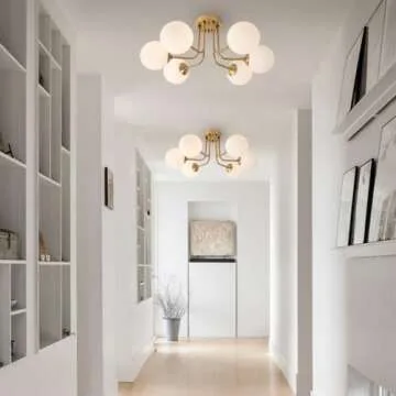 Hoengles Modern Semi Flush Mount Ceiling Light,Gold White Glass Shade Semi Ceiling Light 6-Light,Sputnik Chandeliers for Bedroom Living Room Hallway Dining Room Lighting Fixture