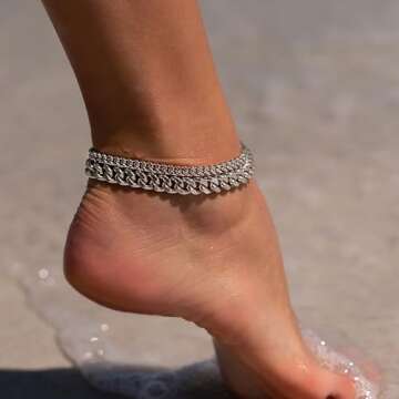 Plucar Trendy Silver Anklets Set for Women – Layered Cuban Links