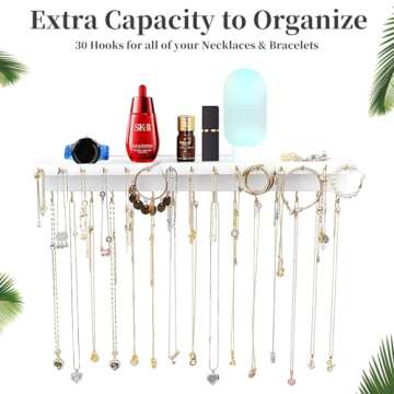 YYILIS Necklace Holder, Upgraded Extra Large Wall Necklace Organizer with 30 Hooks Wall Mounted Necklace Hanger with Jewelry Tray/Cosmetics Shelf Rustic Pine Wood Holder (White)