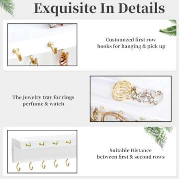 YYILIS Necklace Holder, Upgraded Extra Large Wall Necklace Organizer with 30 Hooks Wall Mounted Necklace Hanger with Jewelry Tray/Cosmetics Shelf Rustic Pine Wood Holder (White)