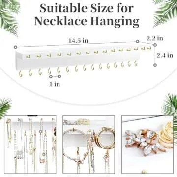 YYILIS Necklace Holder, Upgraded Extra Large Wall Necklace Organizer with 30 Hooks Wall Mounted Necklace Hanger with Jewelry Tray/Cosmetics Shelf Rustic Pine Wood Holder (White)