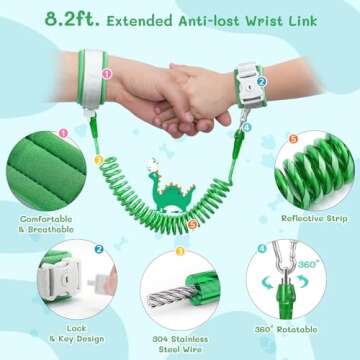 Dr.meter 3 in 1 Toddler Harness Leash + 8.2ft Anti Lost Wrist Link, Cute Dinosaur Kids Safety Harness Tether with Key Lock, Child Protective Leashes While Walking for Outdoor Activity Keep Kids Close