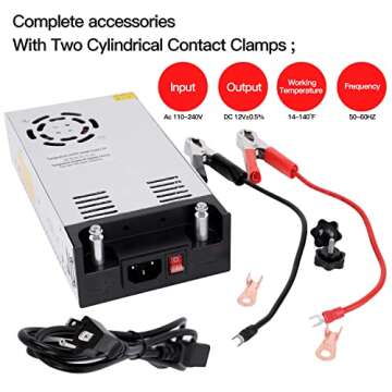 High-Power SMPS 110V/220V AC to 12V DC Converter - 50A 600W Power Supply - Adjustable Switch Transformer for LED Strip, LCD Monitor CCTV, Radio/Car Stereos, 3D Printer - includes 2 Clamp Wires