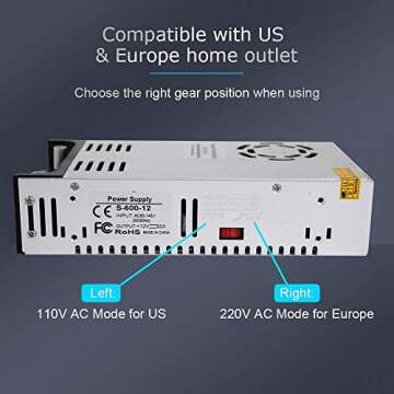 High-Power SMPS 110V/220V AC to 12V DC Converter - 50A 600W Power Supply - Adjustable Switch Transformer for LED Strip, LCD Monitor CCTV, Radio/Car Stereos, 3D Printer - includes 2 Clamp Wires