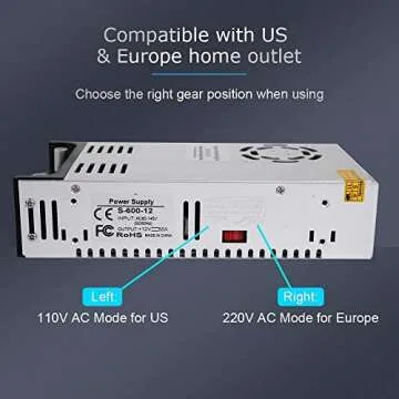 High-Power SMPS 110V/220V AC to 12V DC Converter - 50A 600W Power Supply - Adjustable Switch Transformer for LED Strip, LCD Monitor CCTV, Radio/Car Stereos, 3D Printer - includes 2 Clamp Wires