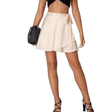 Umenlele Women's Satin Tie Knot Belted Waist Wrap Skater Mini Short Skirt Beige Small