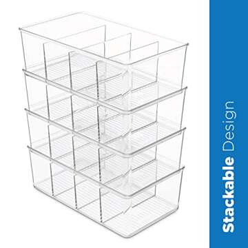 Set of 4 Plastic Food Storage Organizer Bins - Divided Compartment Holder for Snacks, Packets, Pouches - Clear Plastic Stackable Pantry Organizers for Fridge, Freezer, Kitchen, Cabinets
