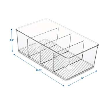 Set of 4 Plastic Food Storage Organizer Bins - Divided Compartment Holder for Snacks, Packets, Pouches - Clear Plastic Stackable Pantry Organizers for Fridge, Freezer, Kitchen, Cabinets