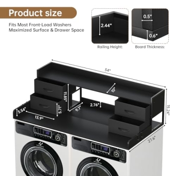 4 Drawers Washer Dryer Countertop with Shelf, 27.5" D x 54" W Laundry Topper with 3.54" High Guardra...