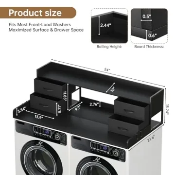 4 Drawers Washer Dryer Countertop with Shelf, 27.5" D x 54" W Laundry Topper with 3.54" High Guardra...