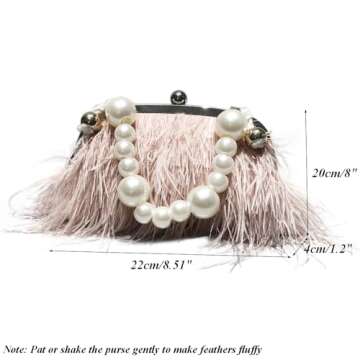 Ostrich Feather Evening Bags Fluffy Clutches for Women, Vintage Pearl Purse Tote Bag for Bridal, Ban...