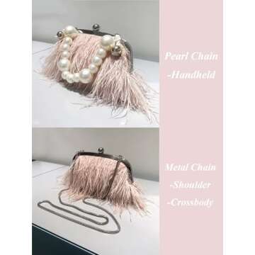 Ostrich Feather Evening Bags Fluffy Clutches for Women, Vintage Pearl Purse Tote Bag for Bridal, Banquet, Party Pink