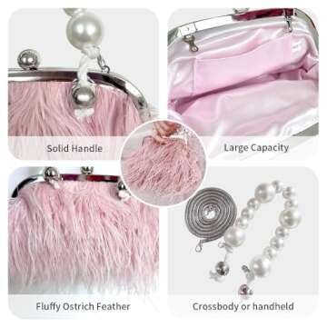 Ostrich Feather Evening Bags Fluffy Clutches for Women, Vintage Pearl Purse Tote Bag for Bridal, Banquet, Party Pink