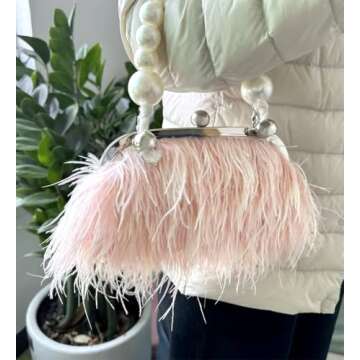 Ostrich Feather Evening Bags Fluffy Clutches for Women, Vintage Pearl Purse Tote Bag for Bridal, Banquet, Party Pink