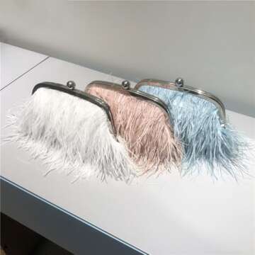 Ostrich Feather Evening Bags Fluffy Clutches for Women, Vintage Pearl Purse Tote Bag for Bridal, Banquet, Party Pink