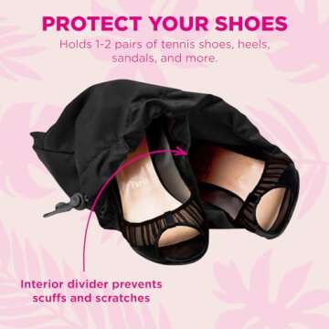 Miamica “Head Over Heels” Shoe Storage Bag, Black, 11” x 9” x 0.25”, Shoe Bag for Women, Protects Footwear & Luggage - Interior Divider, Fits 1-2 Pairs