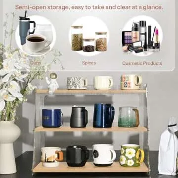 KAOTGOT Coffee Mug Holder Wooden Cup Station Organizer 3 Tier Cup Holder for Coffee Bar Mug Display Rack for Countertop Mug Holder Shelf for Home Kitchen Pine Wood