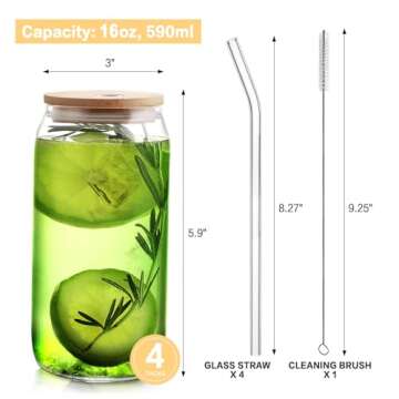 HOMBERKING Glass Cups with Bamboo Lids and Straws 4pcs Set, 16oz Can Shaped Drinking Beer Glasses, Iced Coffee Cups, Cute Tumbler Cups with 1 Cleaning Brush, Ideal for Cocktail, Whiskey, Tea, Gift
