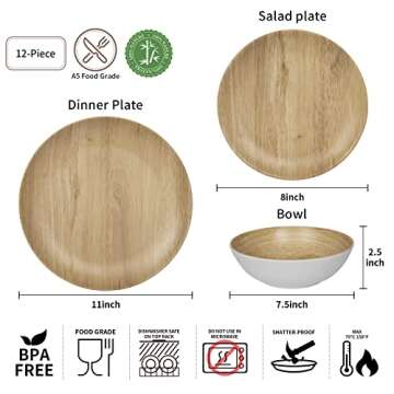 Melamine Dinnerware Set - 12pcs dinnerware set Indoor and Outdoor use, Bamboo Pattern Dishes Dinnerw...