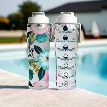50 Strong Reusable Water Bottles with Times to Drink | BPA-Free Leakproof Bottle with Motivational Time Marker, Chug Cap & Easy Carry Handle | Made in USA (Pretty Flowers, 30 oz.)