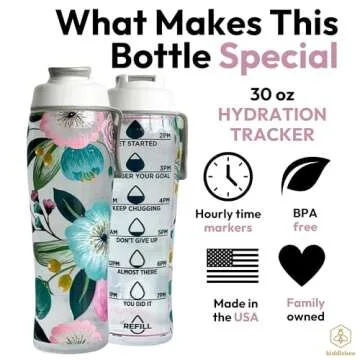 50 Strong Reusable Water Bottles with Times to Drink | BPA-Free Leakproof Bottle with Motivational Time Marker, Chug Cap & Easy Carry Handle | Made in USA (Pretty Flowers, 30 oz.)