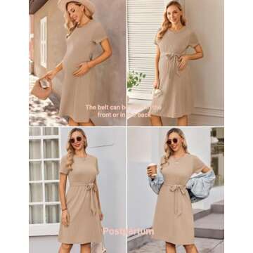 Ekouaer Women's Short Sleeve Maternity Dress Rib Knit Crewneck Pregnancy Dresses Knee Length with Belt Khaki M