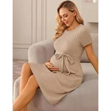 Ekouaer Women's Short Sleeve Maternity Dress Rib Knit Crewneck Pregnancy Dresses Knee Length with Belt Khaki M