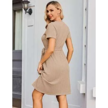 Ekouaer Women's Short Sleeve Maternity Dress Rib Knit Crewneck Pregnancy Dresses Knee Length with Belt Khaki M