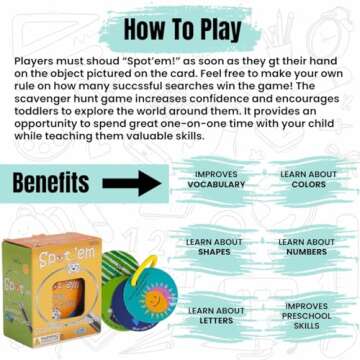 Spot'em Toddler Scavenger Hunt Cards Indoor Play First Preschool Game for Kids Kids Learn Colors Numbers Shapes Letters and Other Early Education Skills Travel Sized