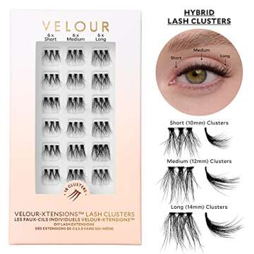 Velour-Xtensions™ Lash Clusters, 18 Individual Cluster Eyelash Extensions, Lightweight & Fluffy Lash Extensions, Soft & Comfortable Eyelash Clusters, Natural Lashes All Eye Shapes (Hybrid)