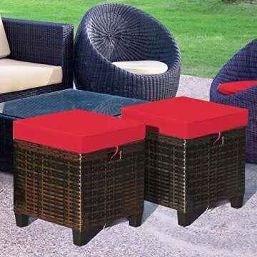 Tangkula 2 Pieces Outdoor Patio Ottoman, All Weather Rattan Wicker Ottoman Seat, Patio Rattan Furniture, Outdoor Footstool Footrest Seat w/Removable Cushions