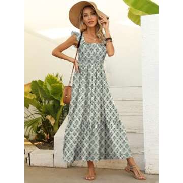 LOLONG Womens Maxi Dress Summer Boho Spaghetti Strap Square Neck Ruffle Sleeveless Print Beach Flowy...