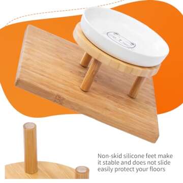 Lusifaco Shallow Elevated Cat Bowls,5.9 Inch Wide Raised Ceramic Cat Dishes with Bamboo Stand, Whisker Friendly Pet Water or Food Plates Feeding Station for Indoor Cats, Kitten(White,Set of 2)