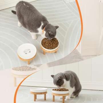 Lusifaco Shallow Elevated Cat Bowls,5.9 Inch Wide Raised Ceramic Cat Dishes with Bamboo Stand, Whisker Friendly Pet Water or Food Plates Feeding Station for Indoor Cats, Kitten(White,Set of 2)
