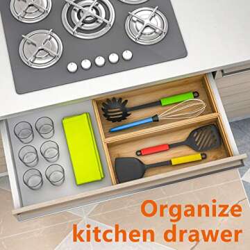 Drawer Organizer Storage Box Kitchen - Wood Stackable Tray Utensil Organizer for Office Drawers,Cabinets,Shelves,Pantry,or Bathroom Counter,Drawer Dividers for Silverware Set of 2（15x6x2.5inch）
