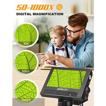 4.3 Inch Coin Microscope,ANNLOV 50X-1000X Magnification LCD Digital Microscope with 8 Adjustable LED Lights for Kids and Adults for Coin/Stamps/Plants/Soldering