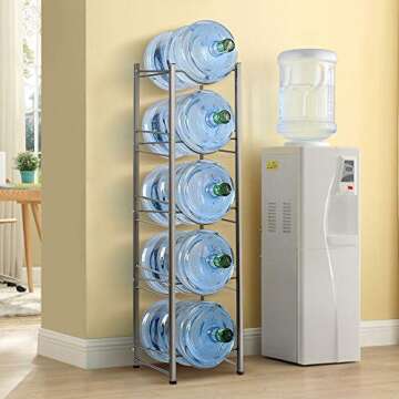 Water Cooler Jug Rack 5-Tier Water Bottle Storage Rack 5 Gallon Detachable Heavy Duty Water Jug Shelf Save Space for Home Office Kitchen Organization Silver