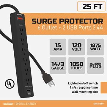 Digital Energy 6-Outlet + 2 USB 1050 Joule Surge Protector Power Strip with 25-Ft Long Extension Cord, Black, UL Listed