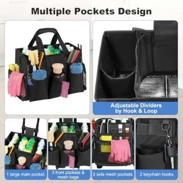 Housolution Rolling Cleaning Caddy Bag with Detachable Trolley, Professional Portable Large Cleaning Bag with Wheels, Wearable Cleaning Supply Bag on Wheels for Housekeepers, Black