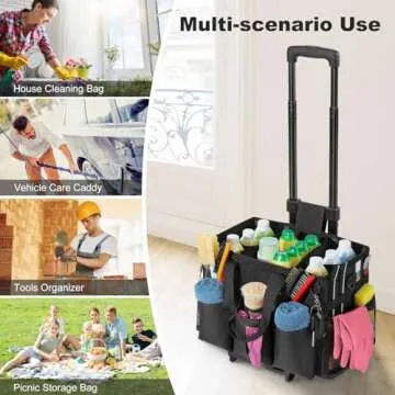Housolution Rolling Cleaning Caddy Bag with Detachable Trolley, Professional Portable Large Cleaning Bag with Wheels, Wearable Cleaning Supply Bag on Wheels for Housekeepers, Black