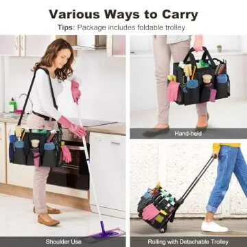 Housolution Rolling Cleaning Caddy Bag with Detachable Trolley, Professional Portable Large Cleaning Bag with Wheels, Wearable Cleaning Supply Bag on Wheels for Housekeepers, Black