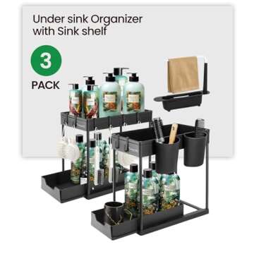 Regoia Under Sink Organizer and Storage 2 Pack with 1 Sponge Holder for Kitchen Sink, 2-Tier Sliding Bathroom Organizers and Storage, Kitchen Countertop Organization with Hooks and Hanging Cup, Black