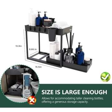 Regoia Under Sink Organizer and Storage 2 Pack with 1 Sponge Holder for Kitchen Sink, 2-Tier Sliding Bathroom Organizers and Storage, Kitchen Countertop Organization with Hooks and Hanging Cup, Black