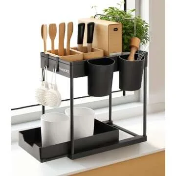 Regoia Under Sink Organizer and Storage 2 Pack with 1 Sponge Holder for Kitchen Sink, 2-Tier Sliding Bathroom Organizers and Storage, Kitchen Countertop Organization with Hooks and Hanging Cup, Black