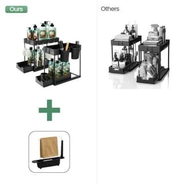 Regoia Under Sink Organizer and Storage 2 Pack with 1 Sponge Holder for Kitchen Sink, 2-Tier Sliding Bathroom Organizers and Storage, Kitchen Countertop Organization with Hooks and Hanging Cup, Black