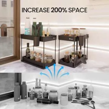 Regoia Under Sink Organizer and Storage 2 Pack with 1 Sponge Holder for Kitchen Sink, 2-Tier Sliding Bathroom Organizers and Storage, Kitchen Countertop Organization with Hooks and Hanging Cup, Black