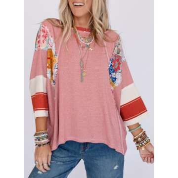 EVALESS 3/4 Length Sleeve Womens Tops Trendy 2025 Spring Summer Crew Neck Oversized Striped Patchwor...