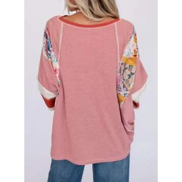 EVALESS 3/4 Length Sleeve Womens Tops Trendy 2025 Spring Summer Crew Neck Oversized Striped Patchwork Shirts Blouse Red XL